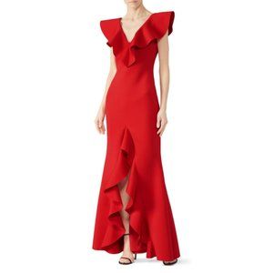 Badgley Mischka red ruffle v-neck gown
